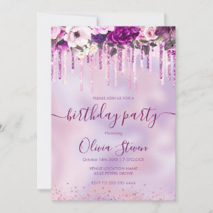 Chic floral pink purple dripping glitter any age invitation