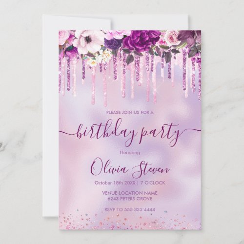 Chic floral pink purple dripping  glitter any age  invitation