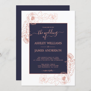 Chic Floral Pink Rose Gold Dark Blue Wedding Invitation