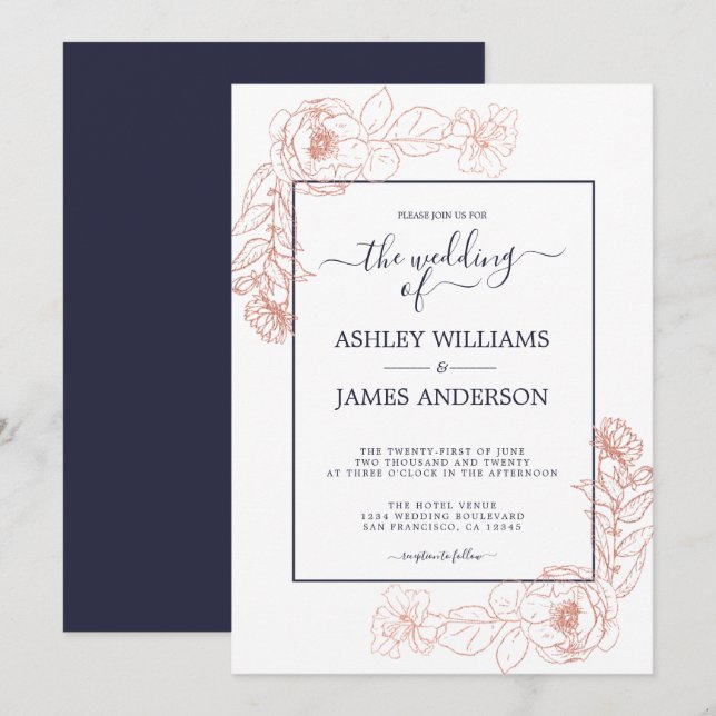 Chic Floral Pink Rose Gold Dark Blue Wedding Invitation (Front/Back)