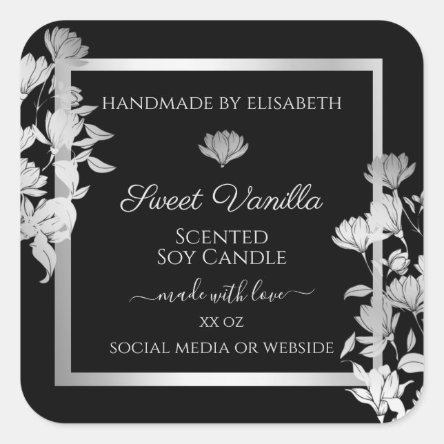 Chic Floral Product Packaging Labels Black Silver (Front)