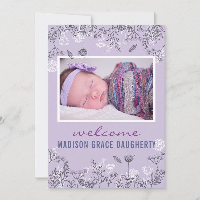 Chic Floral Purple Birth Announcement Card (Front)