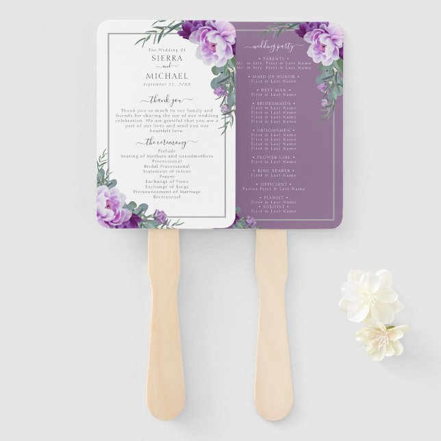 Chic Floral Purple & Gray Wedding Program Hand Fan (Front and Back)