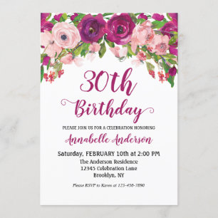 Chic Floral Purple Pink Watercolor Birthday Script Invitation