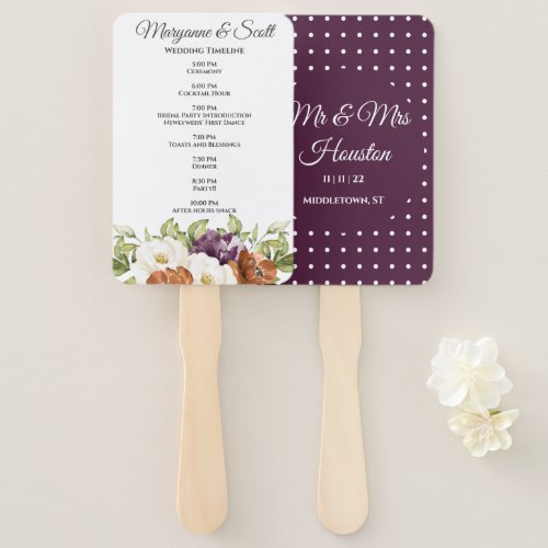 Chic Floral Purple Polka Dot Fall Wedding Program Hand Fan