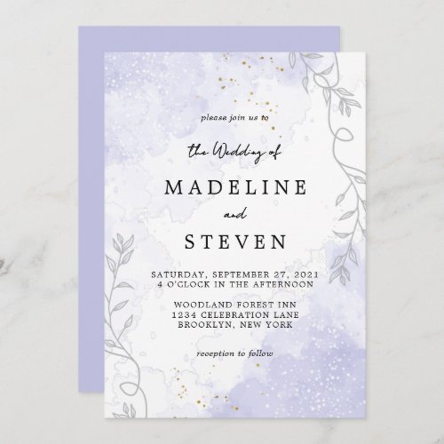 Chic Floral Purple Watercolor Ink Monogram Wedding Invitation