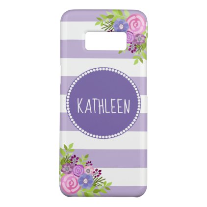 Chic Floral Purple White Striped Monogram Name Case-Mate Samsung Galaxy S8 Case