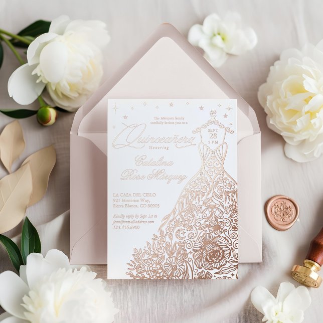Chic Floral Quinceañera Gown Celestial Moon Stars Foil Invitation (Chic Floral Quinceañera Gown Celestial Moon Stars Foil Invitation)