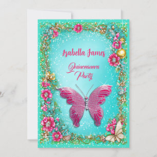 chic floral Quinceañera pink turquoise Butterfly  Invitation