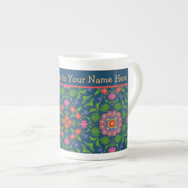 Chic Floral Rangoli Deep Blue Bone China Mug (Front Right)