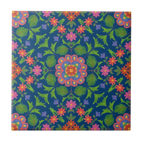 Chic Floral Rangoli Deep Blue Ceramic Tile