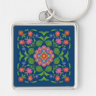 Chic Floral Rangoli on Deep Blue Square Keychain
