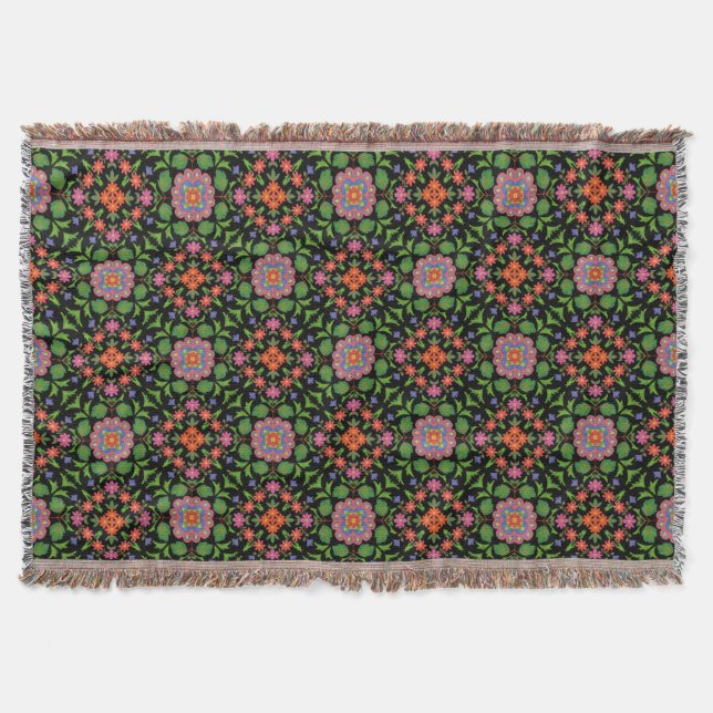 Chic Floral Rangoli Pattern on Black Throw Blanket (Front)