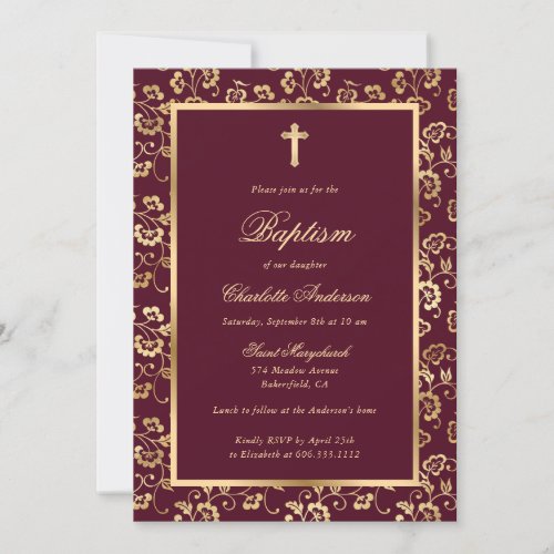 Chic Floral Red Gold Cross Script Baptism Invitation