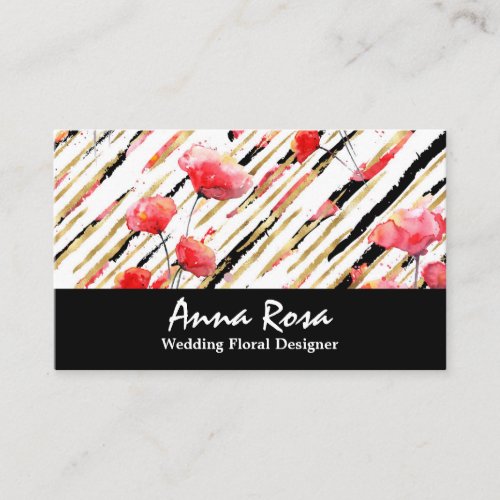 Chic Floral Red Poppy Black Glitter Foil White Business Card