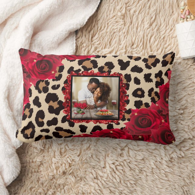Chic Floral Red Rose Leopard Print Your Photo Lumbar Pillow (Blanket)