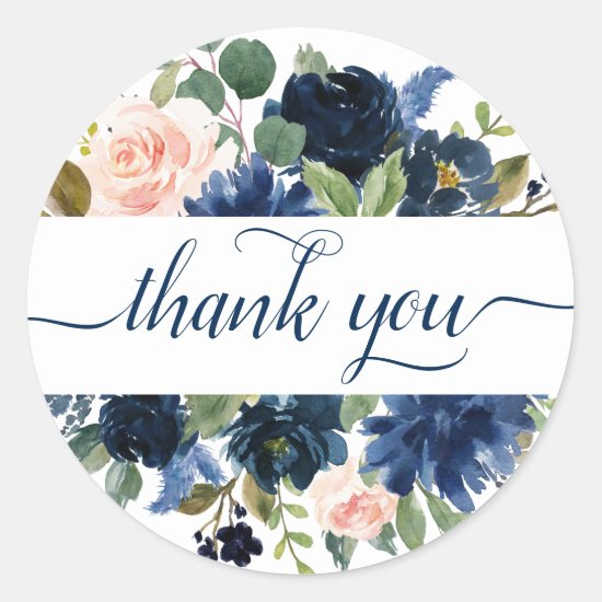 Chic Floral | Romantic Blush Navy Wreath Thank You Classic Round Sticker