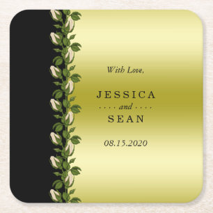 Chic Floral Romantic Gold & Black Wedding Favor Square Paper Coaster
