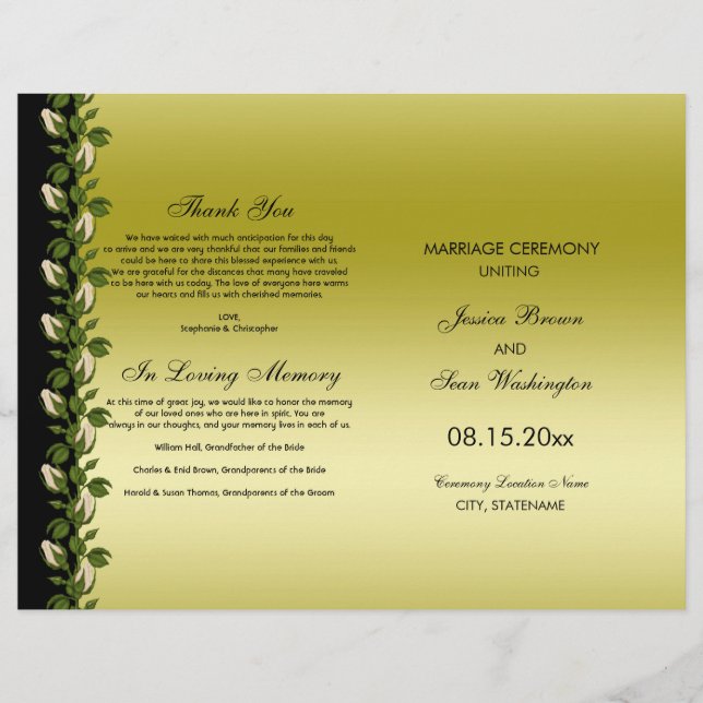 Chic Floral Romantic Gold & Black Wedding Program (Front)