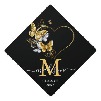 Chic Floral | Romantic Navy Blue golden butterfly Graduation Cap Topper