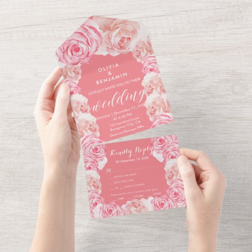 Chic Floral Romantic Pink Rose Wedding All In One All In One Invitation