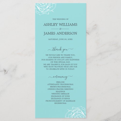 Chic Floral Rose Blue Simple Minimal Wedding Program