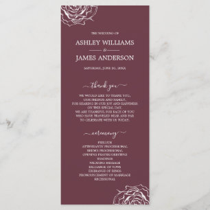 Chic Floral Rose Burgundy Simple Minimal Wedding Program