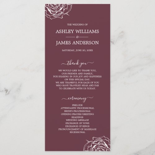 Chic Floral Rose Burgundy Simple Minimal Wedding Program