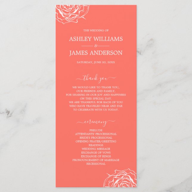 Chic Floral Rose Coral Simple Minimal Wedding Program (Front)