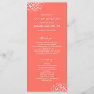 Chic Floral Rose Coral Simple Minimal Wedding Program