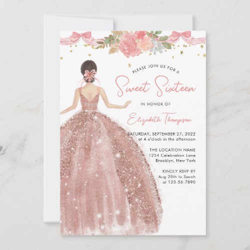 Chic Floral Rose Gold Dress Sweet 16 Birthday Invitation