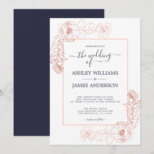 Chic Floral Rose Gold Pink Dark Blue Wedding Invitation (Front/Back)