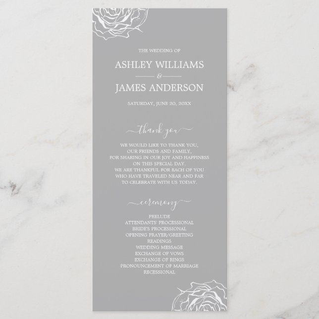 Chic Floral Rose Gray Simple Minimal Wedding Program (Front)