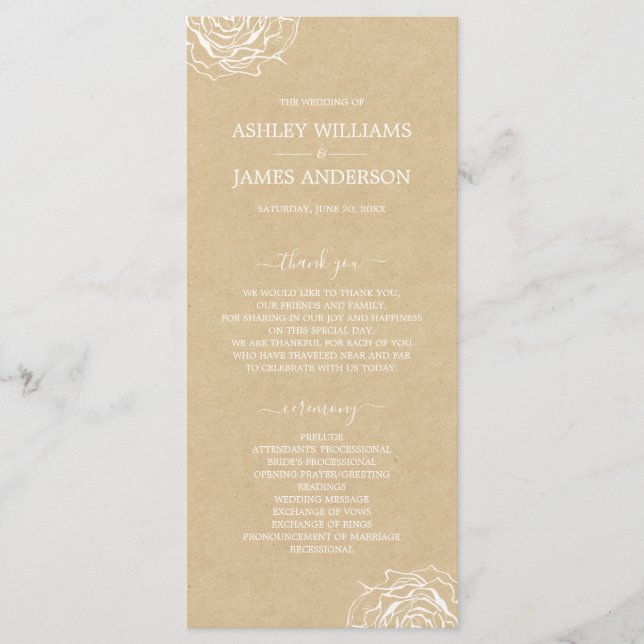 Chic Floral Rose Kraft Simple Minimal Wedding Program (Front)