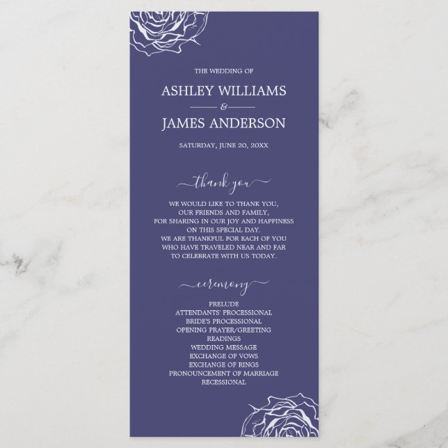 Chic Floral Rose Navy Blue Simple Minimal Wedding Program (Front)