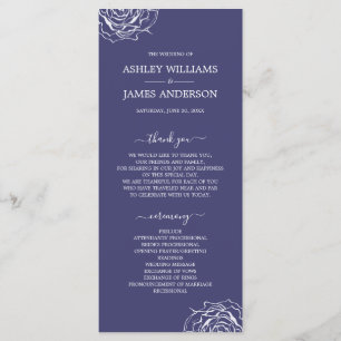 Chic Floral Rose Navy Blue Simple Minimal Wedding Program