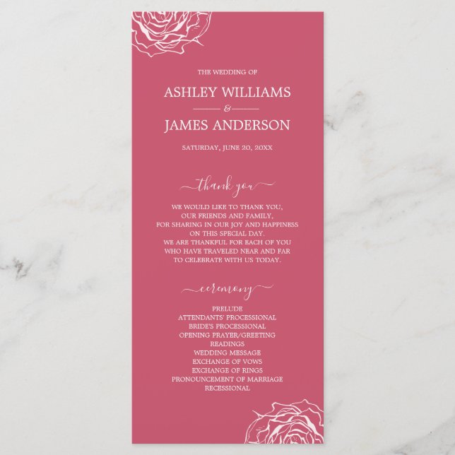 Chic Floral Rose Pink Simple Minimal Wedding Program (Front)