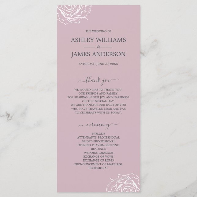 Chic Floral Rose Purple Simple Minimal Wedding Program (Front)