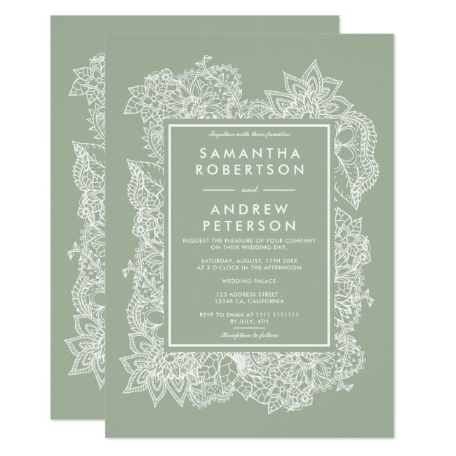 Chic floral sage green white modern wedding invitation