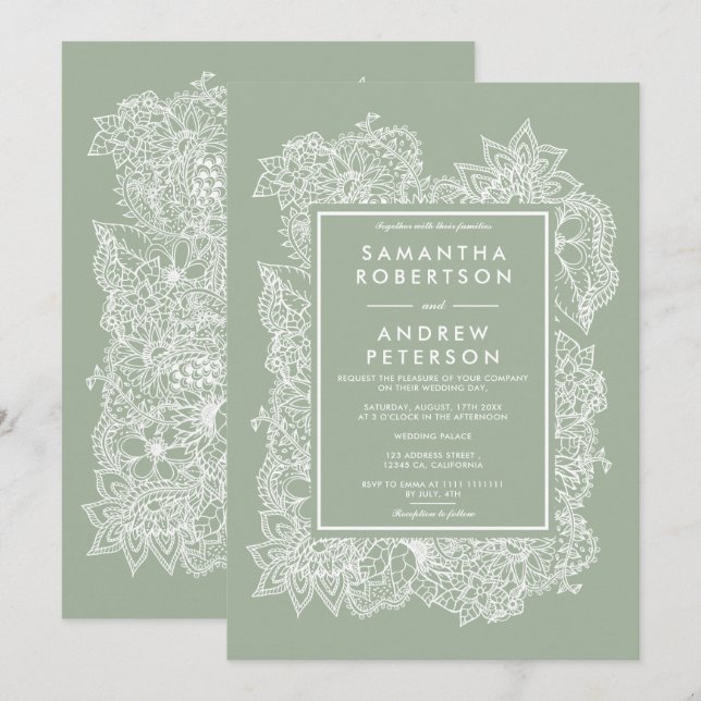 Chic floral sage green white modern wedding invitation (Front/Back)