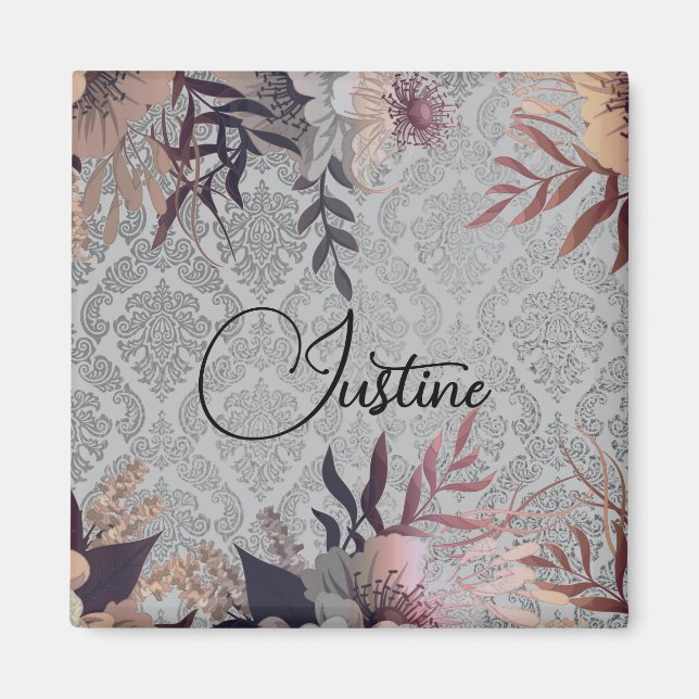 Chic Floral Silver Damask Personalized   Magnet (Front)