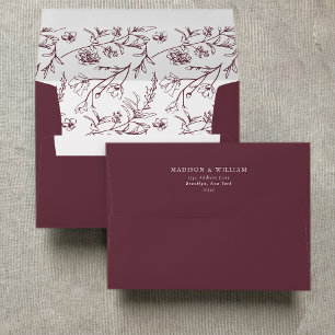 Chic Floral Sketch Text Burgundy Wedding Envelope