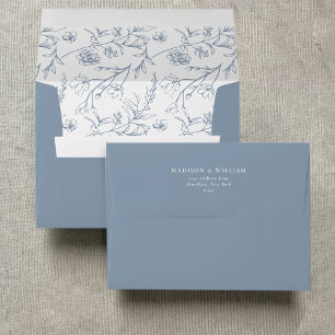 Chic Floral Sketch Text Dusty Blue Wedding Envelope