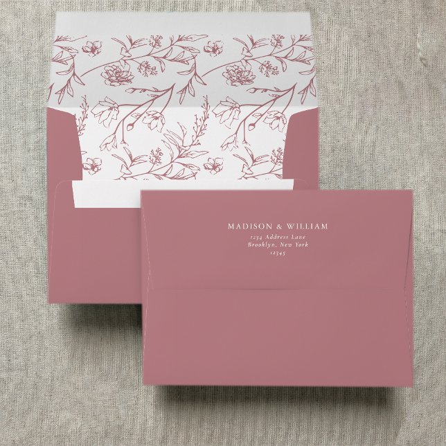 Chic Floral Sketch Text Dusty Rose Wedding Envelope (Creator Uploaded)