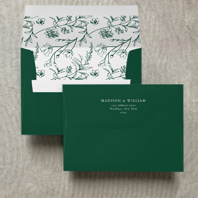 Chic Floral Sketch Text Forest Green Wedding Envelope (Creator Uploaded)