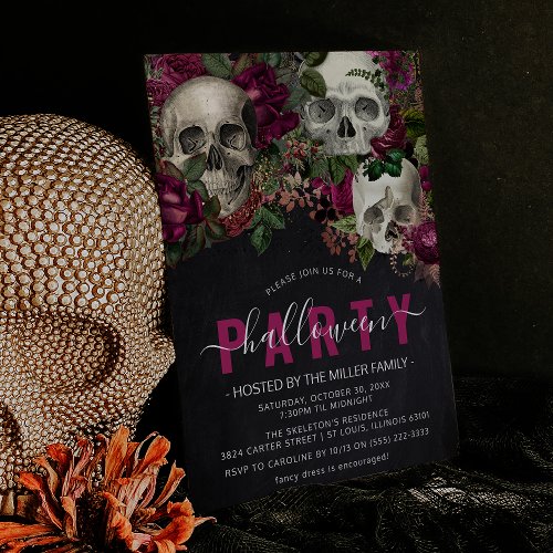 Chic Floral Skull Elegant Halloween Party Invitation