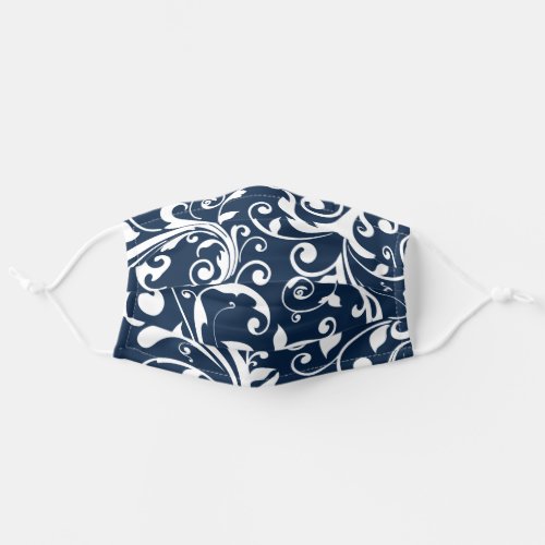 Chic Floral Swirl Navy Blue White Adult Cloth Face Mask