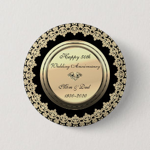 Chic Floral Swirls Black 50th Wedding Anniversary Button