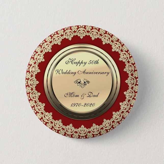 Chic Floral Swirls Red 50th Wedding Anniversary Button (Front)