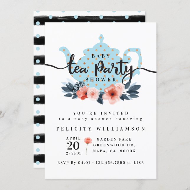 Chic Floral Tea Party Boy Baby Shower Invitation (Front/Back)